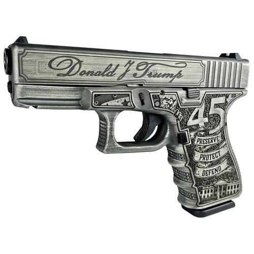 Glock 19 Gen3 Custom Trump 2024 Pistol GLPI19502T24, 9mm, 4.01", Polymer Frame, Crushed Silver Distressed Finish, 15 Rds