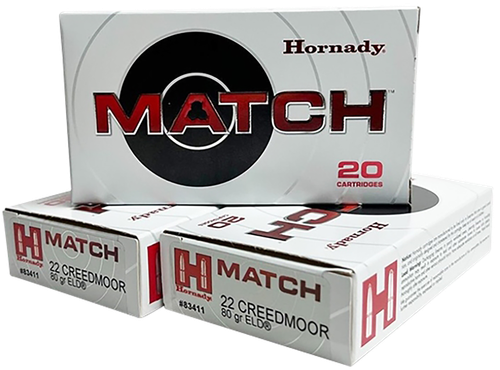 Hornady Match Rifle Ammunition 83411, 22 Creedmoor, ELD-M, 80 GR, 3285 fps, 20 Rd/Bx