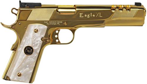 Iver Johnson Golden Eagle XL Deluxe Pistol GOLDEAGLEXL45WP, 45 ACP, 6in, Synthetic White Pearl w/Iver Johnson Logo, 24K Gold Plated Finish, 8 Rds