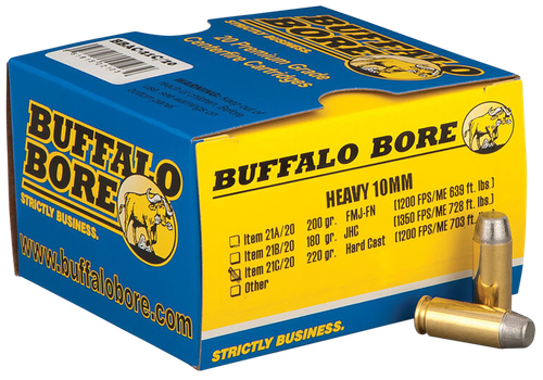 Buffalo Bore Handgun Ammunition 21C/20, 10mm, Hard Cast Flat Nose (FN), 220 GR, 1200 fps, 20 Rd/Bx