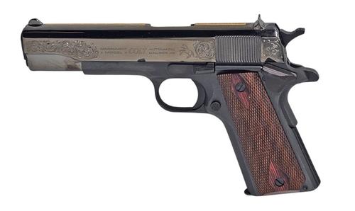 Colt 1911 Classic Government Brocade Pistol, 45 ACP, 5 in, Wood Grips, Black DLC Finish, Engraved Slide w/ Gold Scroll, 8 Rd