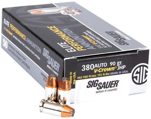 Sig Sauer Elite Performance Pistol Ammunition E380A150, 380 ACP, JHP V-Crown, 90 GR, 980 fps, 50 Rd/bx