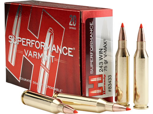 Hornady Superformance Varmint Rifle Ammunition 80411, 243 WSSM, V-Max, 75 GR, 3540 fps, 20 Rd/bx