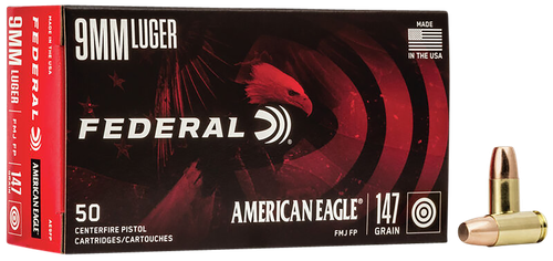 Federal American Eagle Pistol Ammunition AE9FP, 9mm, Full Metal Jacket (FMJ), 147 GR, 1000 fps, 50 Rd/bx