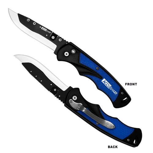 AccuSharp Replaceable Blade Razor 3.50" Folding Plain Stainless Steel Blade/Royal Blue Ergonomic Anti-Slip Anodized Aluminum Handle/Includes 2 Replacement Blades/Belt Clip