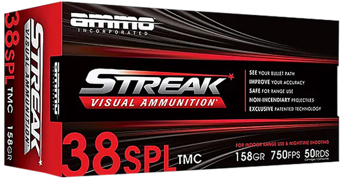 Ammo Inc Streak Visual (RED) Pistol Ammunition 38158TMCSTRKRED50, 38 Special, Total Metal Case, 158  GR, 750  fps, 50 Rd/bx