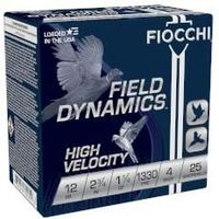 Fiocchi High Velocity 12HV4, 12 Gauge, 2-3/4", 1-1/4 oz, 1330 fps, #4 Lead Shot, 25 Rds/Bx