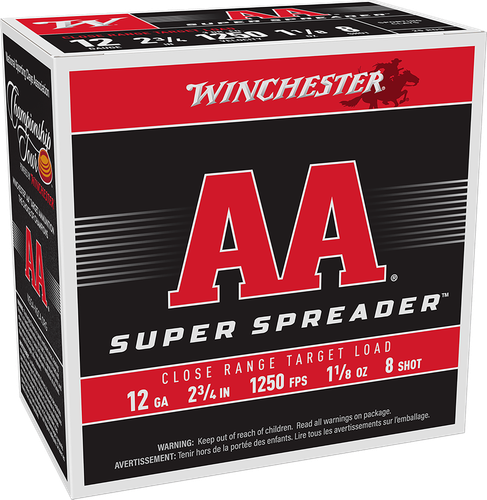 Winchester AA Super Spreader, 12 Gauge, 2-3/4", 1 1/8 oz, 1250 FPS, #8 Shot, 25 Rd/bx