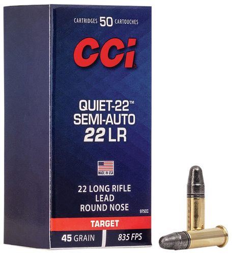CCI Quiet-22 Semi-Auto Rimfire Ammunition 975CC, 22 Long Rifle, Lead Round Nose (RN), 45 GR, 835 fps, 50 Rd/bx