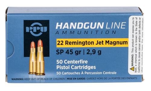 Prvi Partisan Pistol Ammunition PPH22RJ, 22 Rem Jet Mag, Soft Point, 45 gr, 1950 fps, 50 Rd/Bx