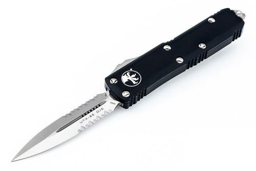 Microtech UTX-85 Out-The-Front Automatic Knife, Satin Partial Serrated Double Edge Blade, Black Handles (232-5)