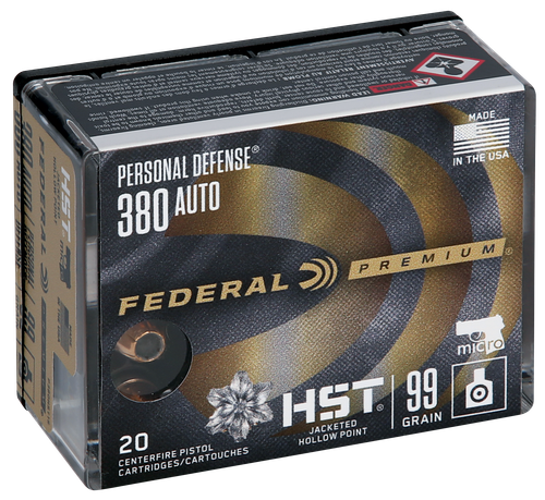 Federal HST Pistol Ammunition P380HST1S, 380 ACP, Jacketed Hollow Point, 99 GR, 975 fps, 20 Rd/bx