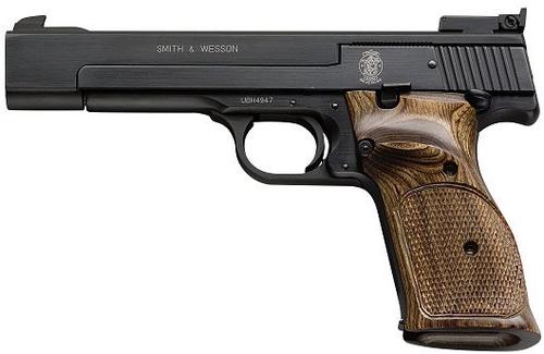 Smith & Wesson 41 Rimfire Pistol 130511, 22 LR, 5 1/2", Wooden Target W/ Thumbrest Grip, Blue Steel Finish, 10 Rd, Adj Sights