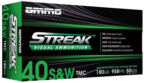 Ammo Inc Streak Visual (GREEN) Pistol Ammunition 40180TMCSTRKGRN50, 40 S&W, Total Metal Case, 180  GR, 958  fps, 50 Rd/bx
