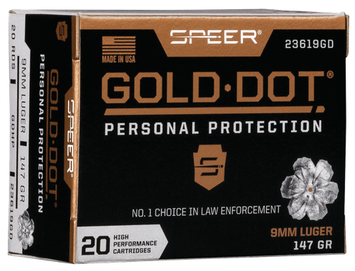 Speer Gold Dot Personal Protection Handgun Ammunition 23619GD, 9MM, Gold Dot HP, 147 GR, 985 fps, 20 Rd/bx