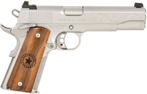 SDS Imports 1911 Republic of Texas Semi-Auto Pistol 10100514, 45 ACP, 5", Engraved Stainless Finish, Fixed Sights, 8 Rds