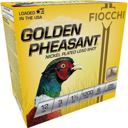Fiocchi Golden Pheasant 123GP6, 12 Gauge, 3", 1-3/4 oz, 1200 fps, #6 Nickel-Plated Lead Shot, 25 Rds/Bx