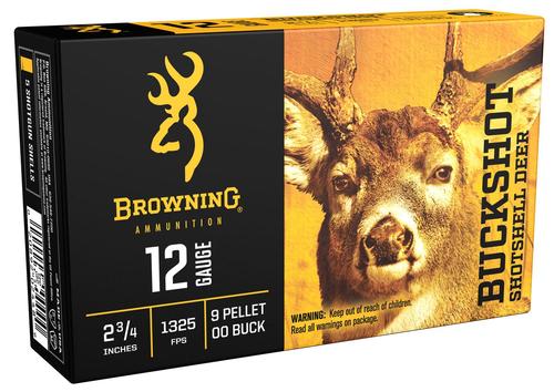 Browning Buckshot Shotshells B193111220, 12 Gauge, 2-3/4", 9 Pellets, 1325 fps, #00 Lead Shot, 5 Rds/bx