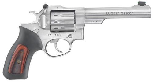 Ruger GP100 Rimfire Revolver 1757, 22 Long Rifle, 5.5 in, Rubber/Wood Grips, Satin Stainless Finish