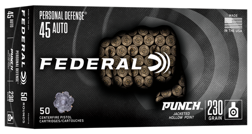 Federal Cartridge Punch Pistol Ammunition PD45P1G, 45 ACP, Jacketed Hollow Point (JHP), 230 GR, 890 fps, 50 Rd/bx