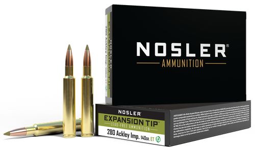 Nosler E-Tip Rifle Ammunition 40067, 280 Ackley Improved, E-Tip Lead-Free, 140 gr, 3050 fps, 20 Rd/Bx