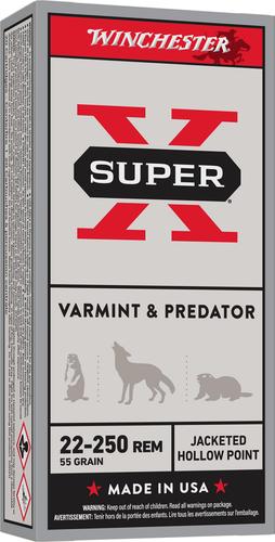 Winchester Super-X Rifle Ammunition X22250HP, 22-250 Rem, JHP, 55 gr, 20 Rd/Bx