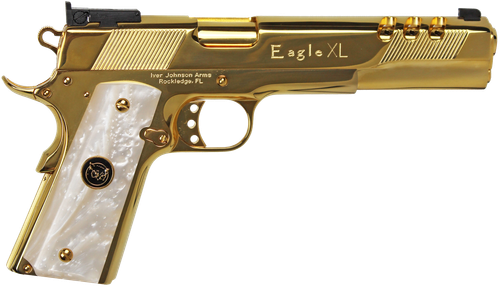 Iver Johnson Golden Eagle XL Deluxe Pistol GOLDEAGLEXL10WP, 10mm Auto, 6in, Synthetic White Pearl w/Iver Johnson Logo, 24K Gold Plated Finish, 8 Rds
