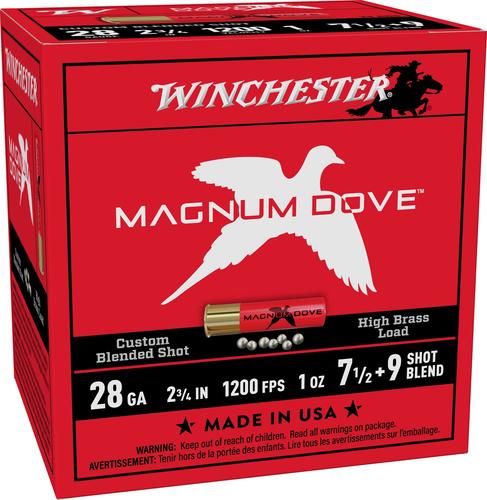 Winchester Magnum Dove Load, 28 Gauge, 2 3/4", 1 oz, 1200 fps, #7.5/9 Blend Lead Shot, 25 Rds/Bx