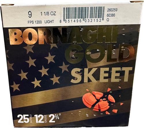 Bornaghi Gold Light Target Loads, 12 Gauge, 2-3/4", 1 1/8 oz, 1200 fps, #9 Shot, 25 Rd/bx