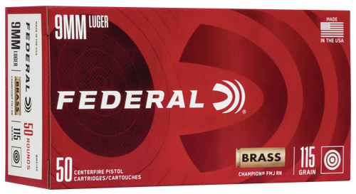 Federal Champion Pistol Ammunition WM5199, 9mm, Full Metal Jacket (FMJ), 115 GR, 1145 fps, 50 Rd/bx