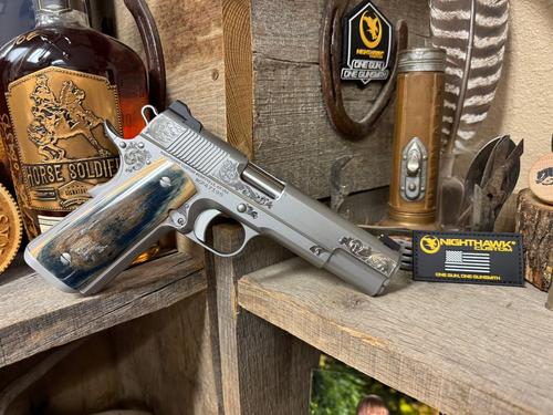 Nighthawk Custom VIP Silver 1911 1244-MB, 45 ACP, 5", Mammoth Bark Grips, Stainless Engraved Finish, 14k Gold Front Sight, 8 Rds