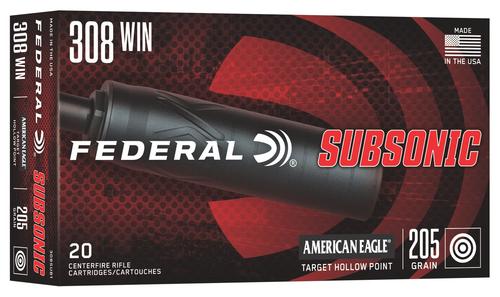Federal American Eagle Subsonic Rifle Ammunition, 308 Winchester, Target Hollow Point, 205 GR, 1000 fps, 20 Rd/bx