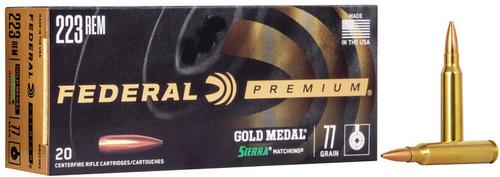 Federal Premium Gold Medal Rifle Ammunition GM223M3, 223 Remington, Sierra MatchKing BTHP, 77 GR, 2750 fps, 20 Rd/bx