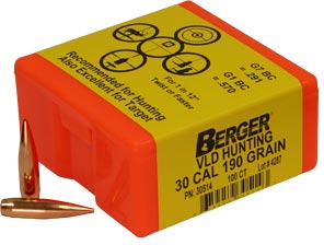 Berger Hunting Bullets 30 Caliber, .308 Diameter, 190 Grain, Match Grade, VLD, 100 Per Box (30514), Not Loaded