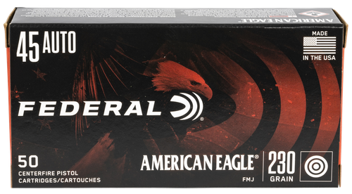 Federal American Eagle Pistol Ammunition AE45A, 45 ACP, Full Metal Jacket (FMJ), 230 GR, 850 fps, 50 Rd/bx