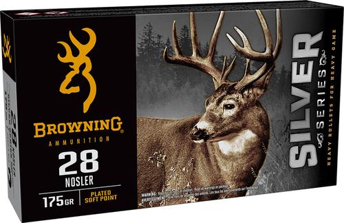 Browning Silver Rifle Ammunition B192600281, 28 Nosler, Plated Soft Point, 175 gr, 3100 fps, 20 Rd/Bx
