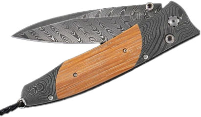 William Henry Gentac Pappy Reserve Folding Knife, Damascus Blade, Etched Damascus and Pappy Van Winkle Barrrel Oak Handle (B30PAPPYRESERVE)