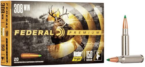 Federal Premium Vital-Shok Rifle Ammunition P308F, 308 Winchester, Nosler Ballistic Tip, 150 GR, 2820 fps, 20 Rd/bx