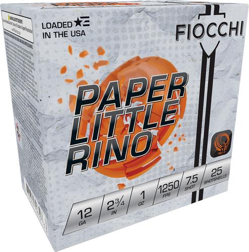 Fiocchi Paper Little Rino Shotgun Shells 12FPTX75, 12 Gauge, 2.75 in, 1 oz, 1250 fps, #7.5 Lead Shot, 25 Rds/bx