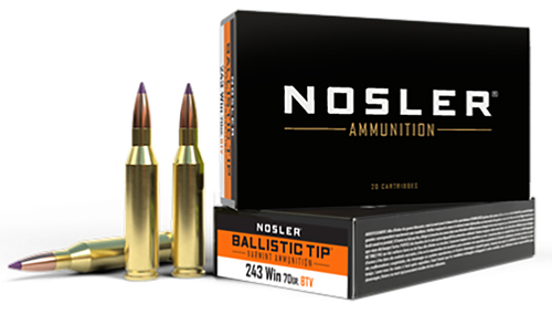 Nosler Ballistic Tip Rifle Ammunition 40041, 243 Win, Ballistic Tip Varmint, 70 gr, 3500 fps, 20 Rd/Bx