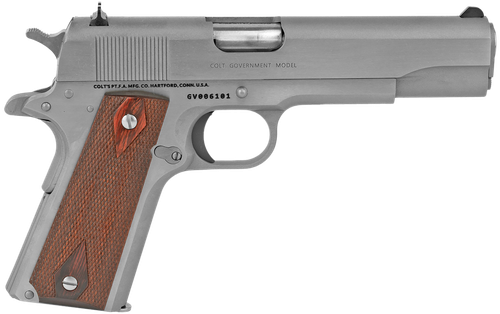 Colt 1911 Government SAO Pistol O1911CSS38, 38 Super, 5", Black Rubber Grips, Stainless Finish, 9 Rds