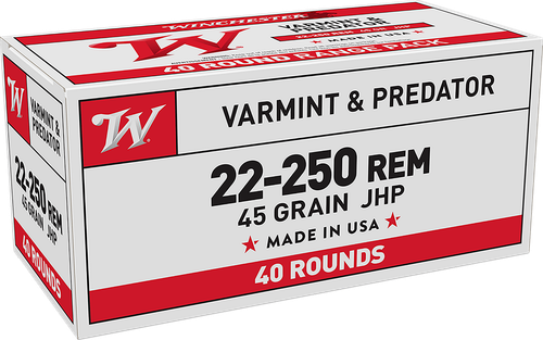 Winchester USA Rifle Ammunition USA222502, 22-250 Remington, Jacketed Hollow Point (JHP), 45 GR, 4000 fps, 40 Rd/bx