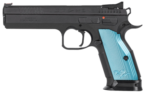 CZ-USA Tactical Sports 2 Pistol 01220, 9mm Luger, 5.28", Blue Grips, Black Finish, 10rd