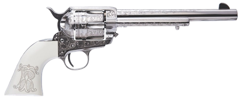 Cimarron Teddy Roosevelt Frontier Revolver PP415LNTRII, 45 Colt (LC), 7.50in, White w/Laser Engraved "T.R." Grips, Nickel-Plated Engraved Steel Finish, 6 Rds