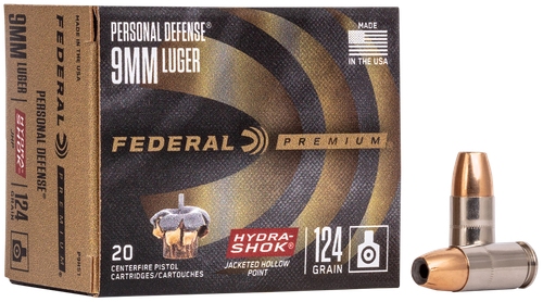 Federal Premium Vital-Shok Pistol Ammunition P9HS1, 9mm, Hydra-Shok JHP (JHP), 124 GR, 1120 fps, 20 Rd/bx