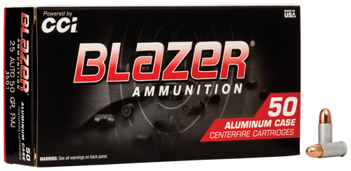 CCI Blazer Handgun Ammunition 3501, 25 ACP, Full Metal Jacket (FMJ), 50 GR, 755 fps, 50 Rd/bx