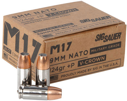 Sig Sauer Elite Performance Pistol Ammunition E9MMA2PM1720, 9mm +P, JHP V-Crown, 124 GR, 1198 fps, 20 Rd/bx
