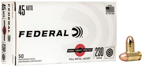 Federal Range Target Practice Handgun Ammunition, 45 ACP, Full Metal Jacket, 230 Gr, 890 fps, 50 Rd/bx