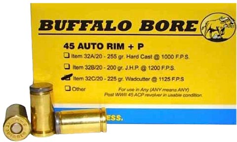 Buffalo Bore Handgun Ammunition 32C/20, 45 Automatic Rimmed, Wadcutter, 225 GR, 1100 fps, 20 Rd/bx