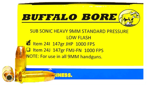 Buffalo Bore Subsonic Pistol Ammunition 24I/20, 9mm, Jacketed Hollow Point (JHP), 147 GR, 1000 fps, 20 Rd/bx